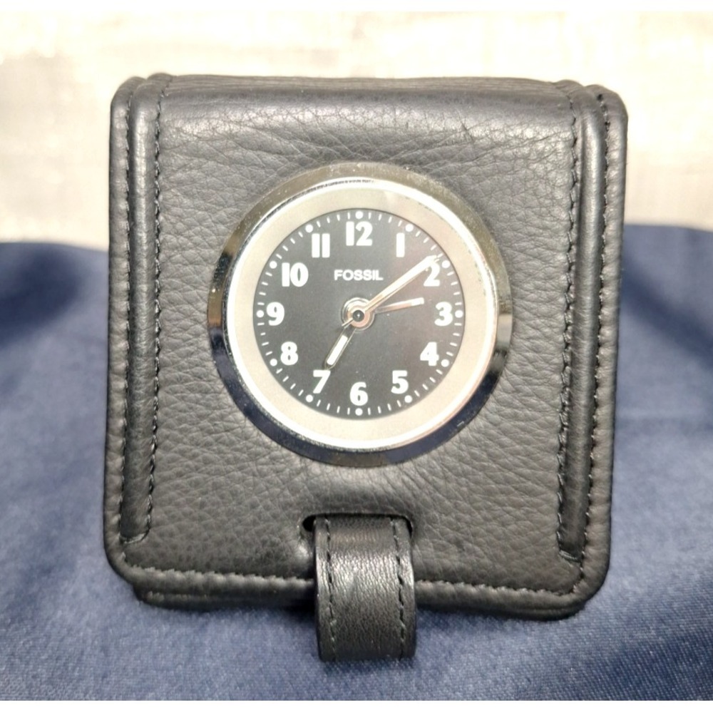 FOSSIL TRAVEL CLOCK BLACK LEATHER CASE Vintage Folding Retro Working - Picture 2 of 13